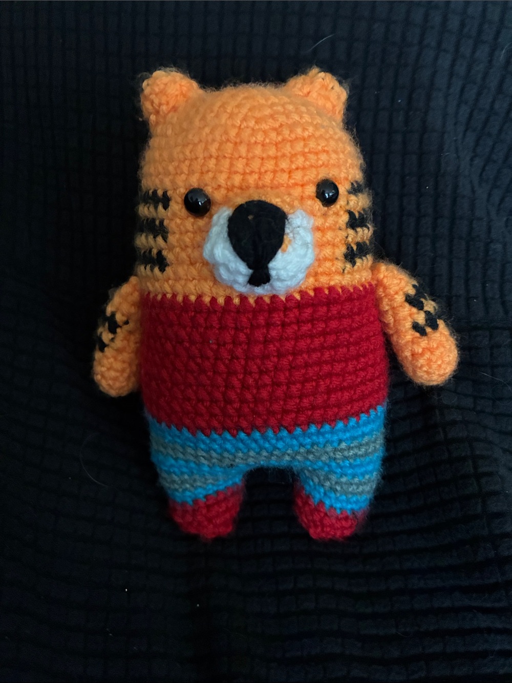 Handmade Orange Tiger Crochet Plush Toy with Red Top and Blue Stripes